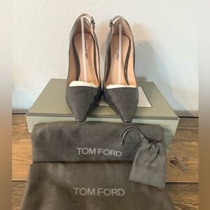 Tom Ford Dark Gray Leather Crocodile-Embossed Heels - Size 41
